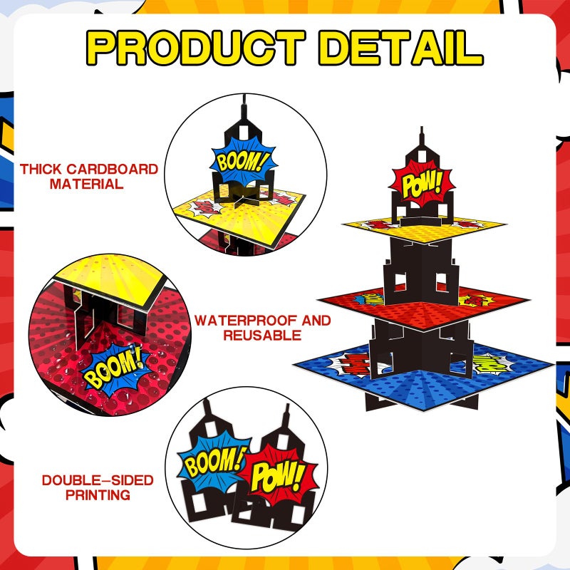 KALEFO Superhero Party Supplies Cake Stand 3 Tier Cupcake Stand Super Hero Parties Favors Mini Cup Cake Holder for Birthday Decorations (Superhero) - Image 3